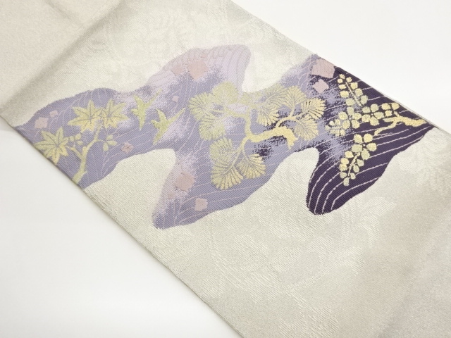 紅葉・松梅に鳥模様織出し名古屋帯